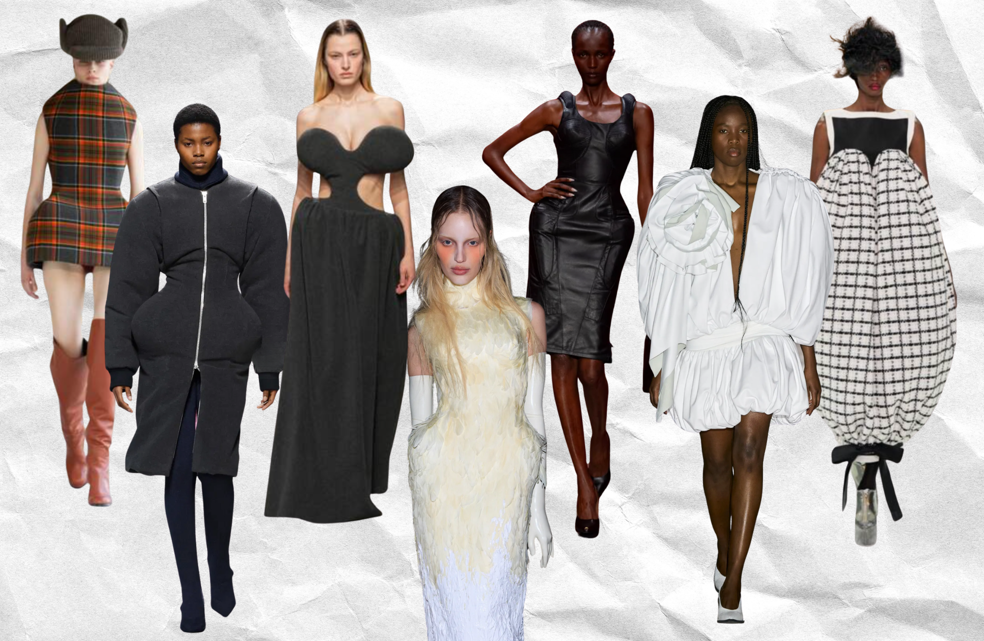 De gauche à droite : Duran Lantink look 23 AW25-26, look 2 AW24-25, look 40 AW24-25, Dilara Findikoglu look 35 AW24-25, Marine Serre look 4 AW25_26, Thom Browne look 31 AW24-25